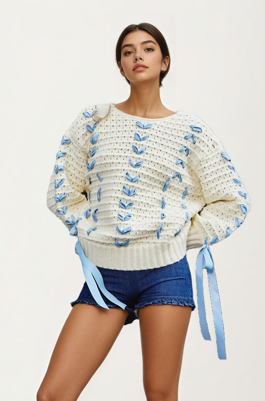 Ivory Crochet Sweater with Blue Ribbon Tie Sleeve Details