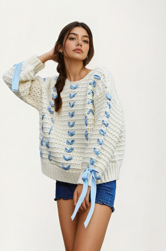 Ivory Crochet Sweater with Blue Ribbon Tie Sleeve Details