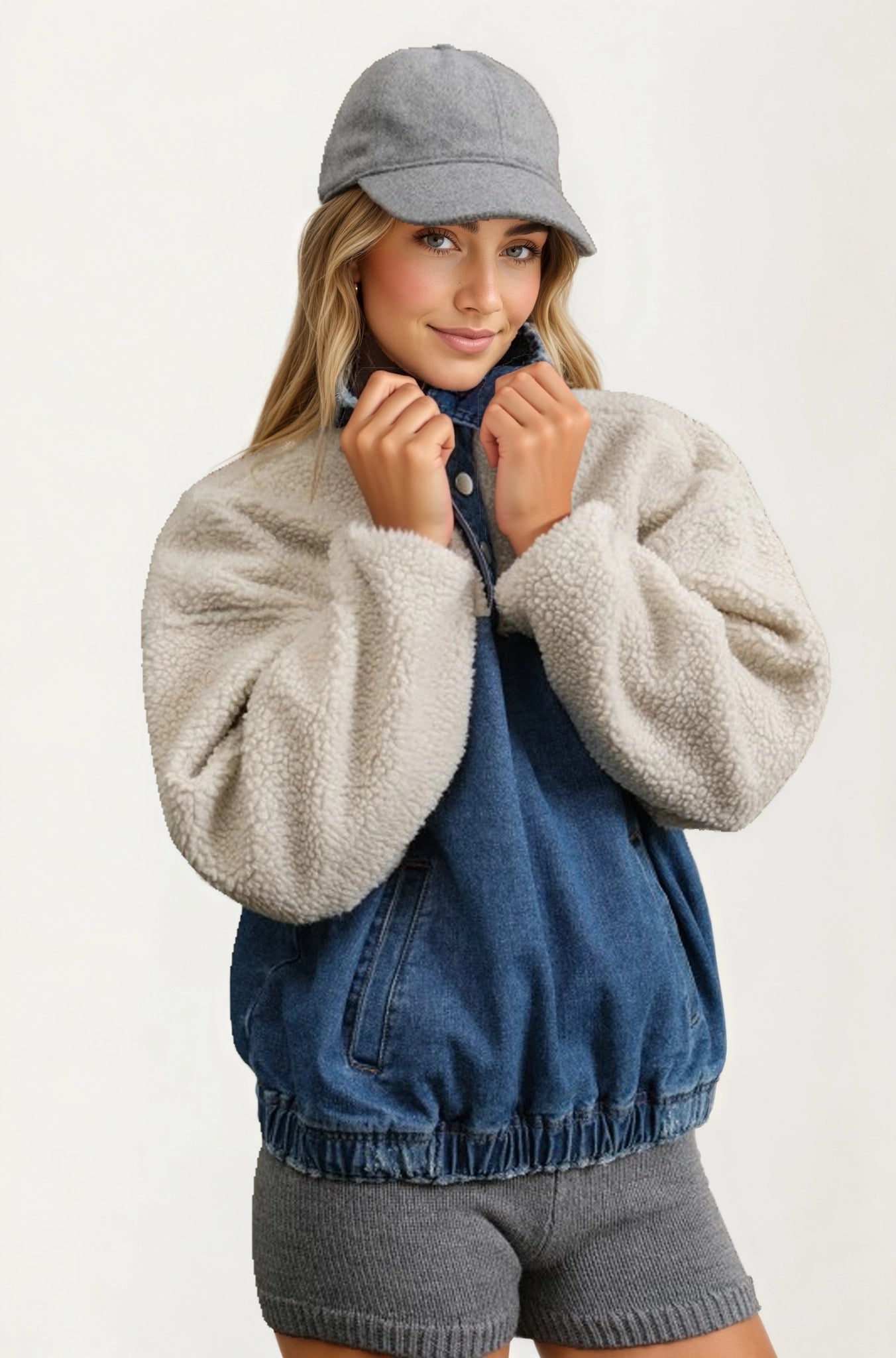 Denim and Sherpa Half-Zip Pullover with Kangaroo Pocket