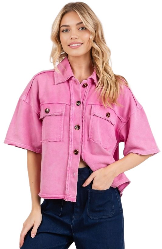 Utility Shirt Jacket Short Sleeves Button Front Boxy Fit Pink Acid Wash