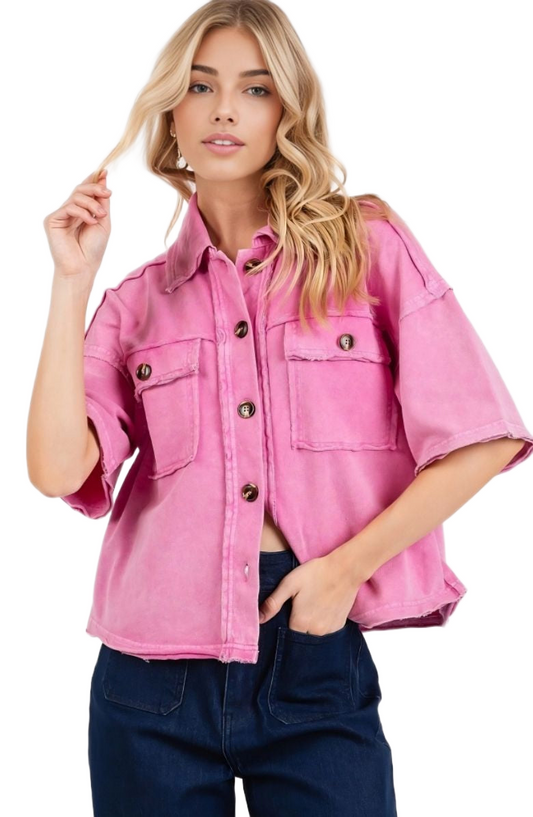 Utility Shirt Jacket Short Sleeves Button Front Boxy Fit Pink Acid Wash