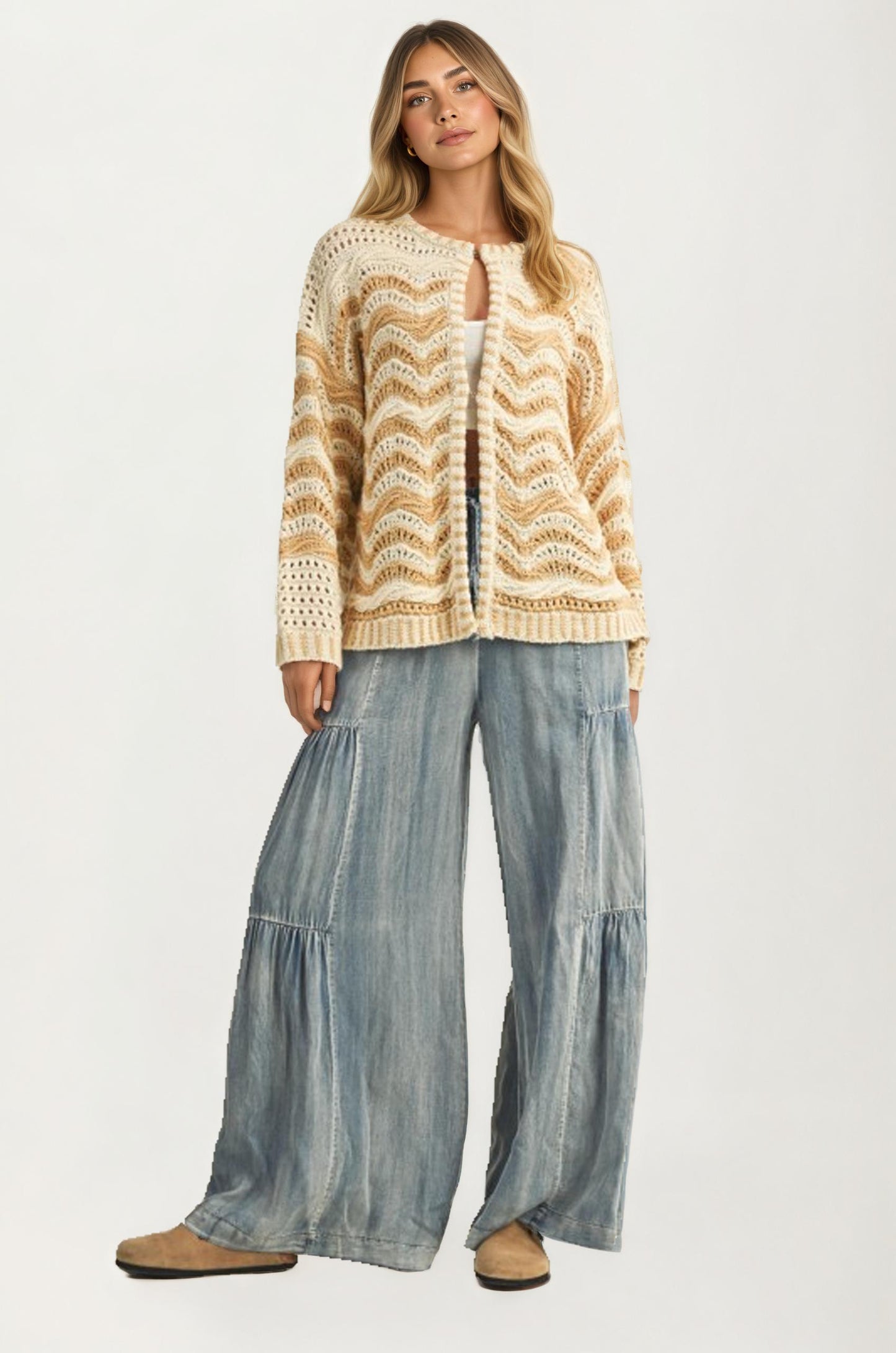 Textured Open Knit Cardigan With Pockets In Neutral Tones