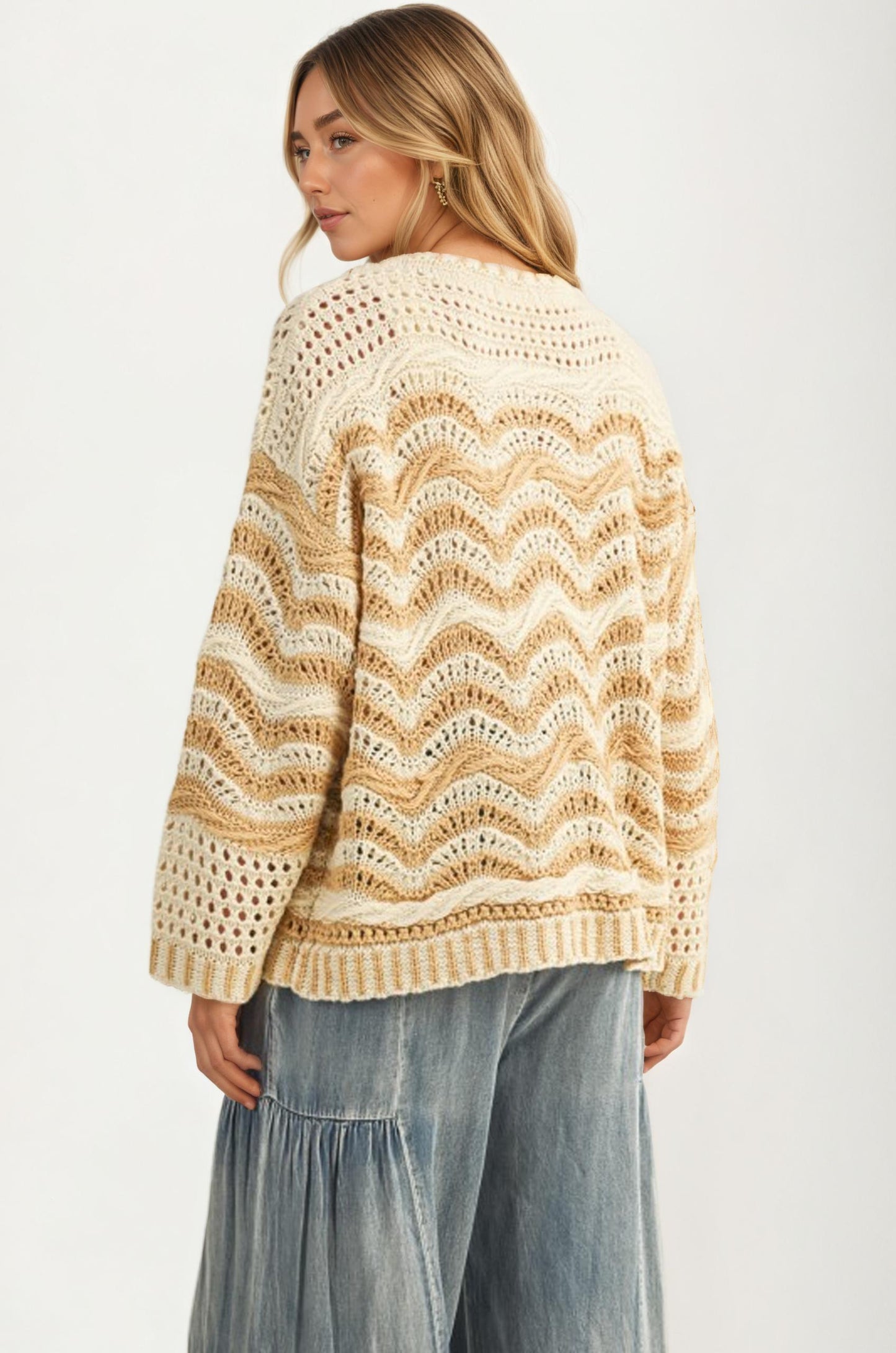 Textured Open Knit Cardigan With Pockets In Neutral Tones