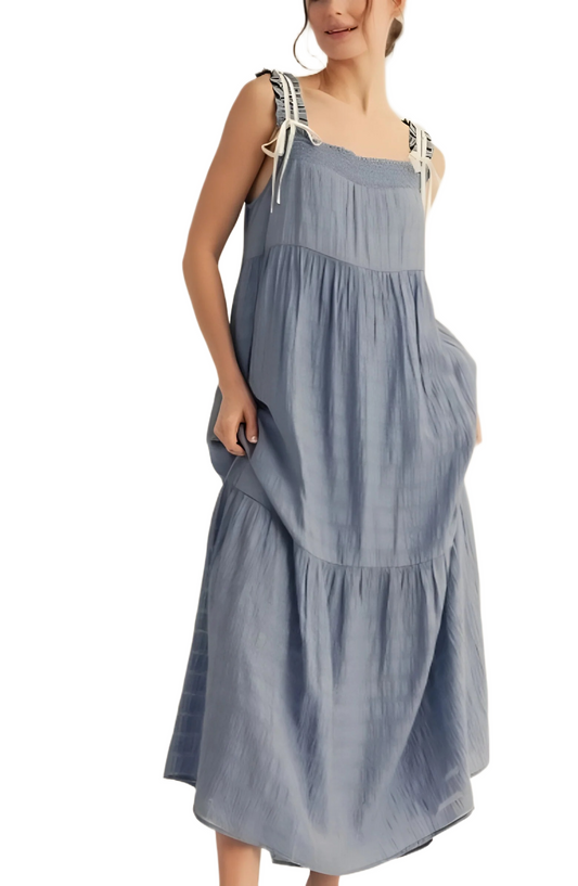 Blue Smocked Maxi Dress with Tie Straps