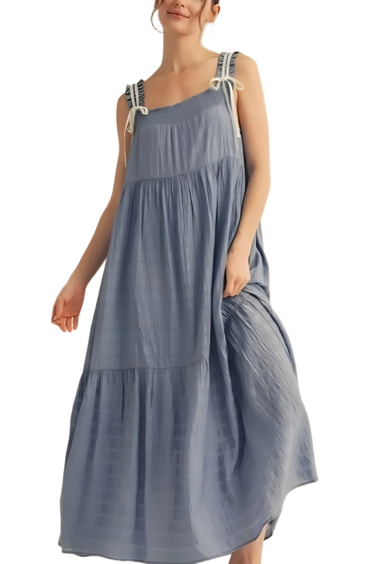 Blue Smocked Maxi Dress with Tie Straps