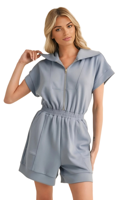 Blue Zip-Front Short-Sleeve Romper
