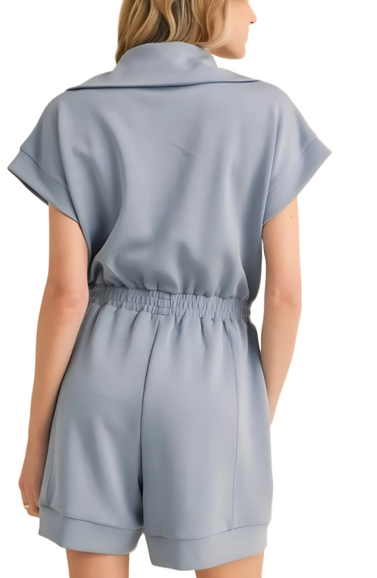 Blue Zip-Front Short-Sleeve Romper
