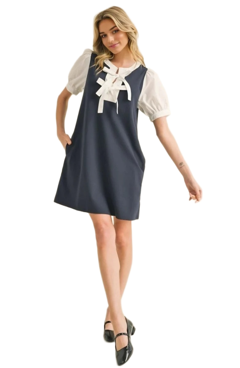 Puff Sleeve Layered Dress with Contrast Bow Tie Neckline