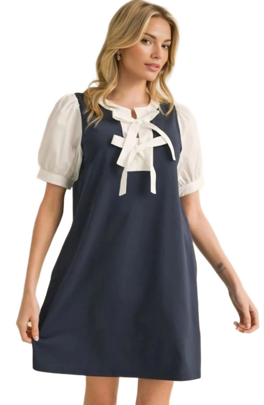 Puff Sleeve Layered Dress with Contrast Bow Tie Neckline