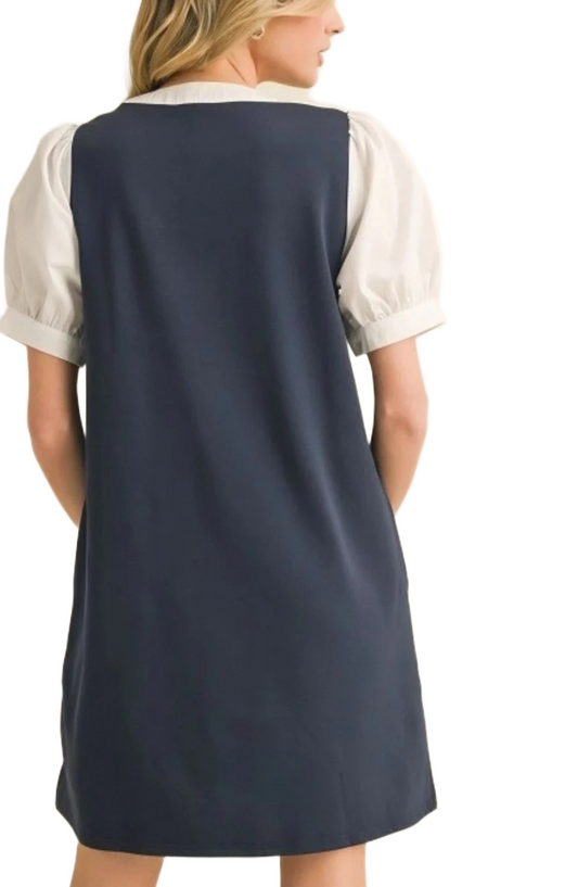 Puff Sleeve Layered Dress with Contrast Bow Tie Neckline