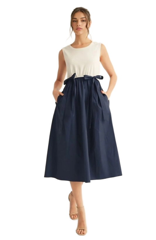 Sleeveless Contrast Midi Dress with Waist Bow Tie and Pockets