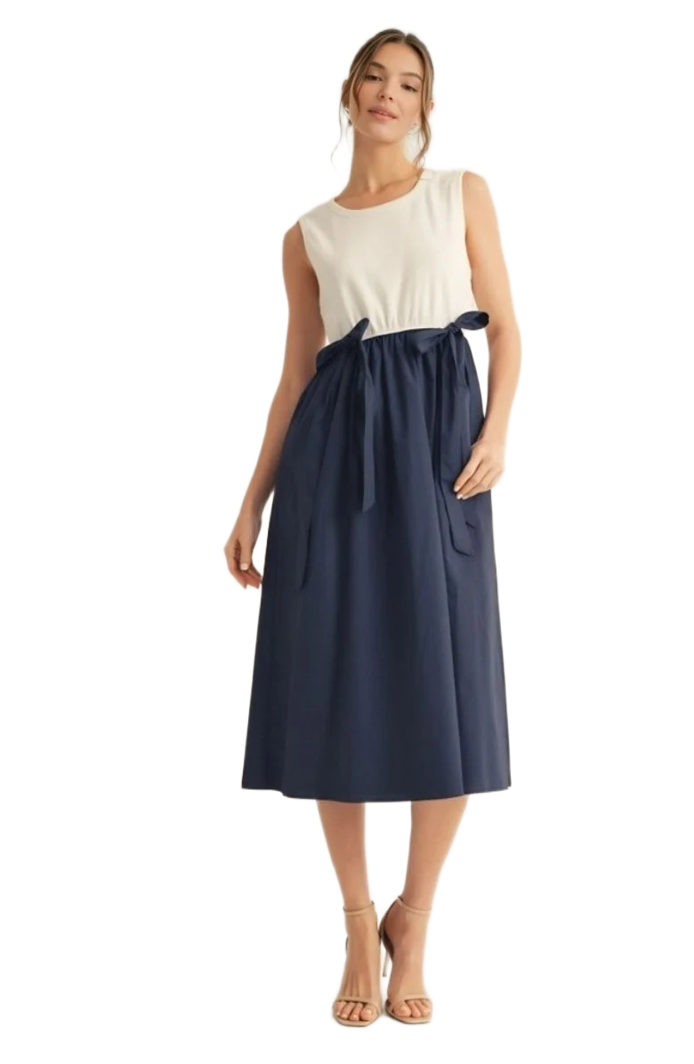 Sleeveless Contrast Midi Dress with Waist Bow Tie and Pockets