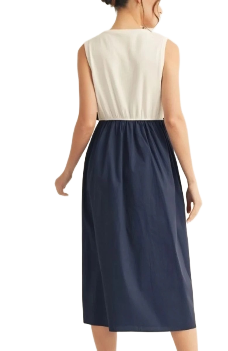 Sleeveless Contrast Midi Dress with Waist Bow Tie and Pockets