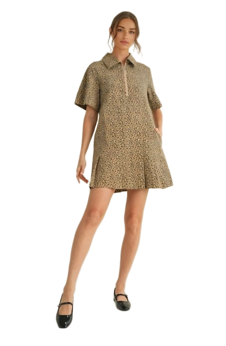 Leopard Print Mini Dress with Zip Front and Structured Collar
