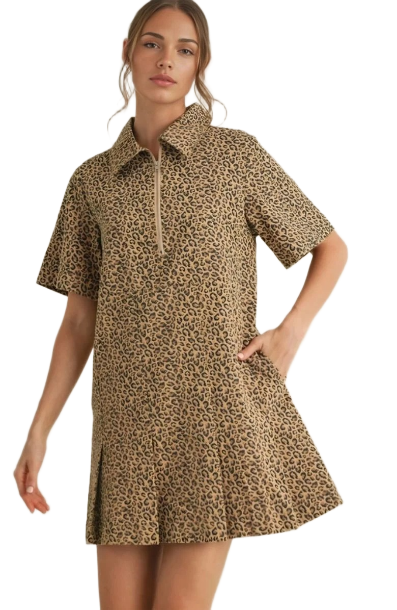 Leopard Print Mini Dress with Zip Front and Structured Collar