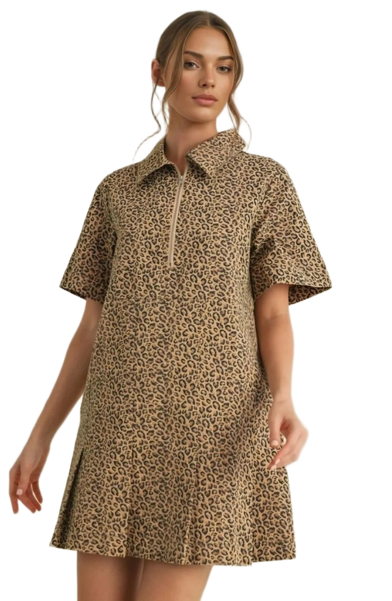Leopard Print Mini Dress with Zip Front and Structured Collar