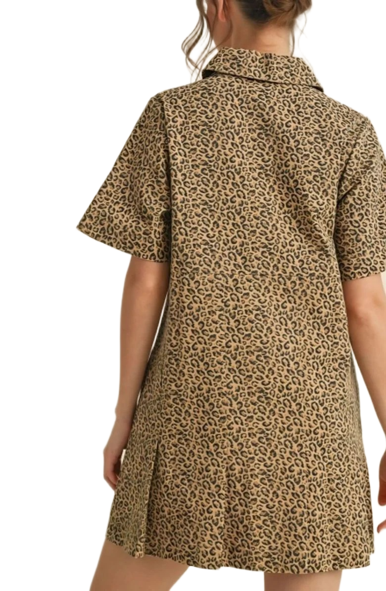 Leopard Print Mini Dress with Zip Front and Structured Collar