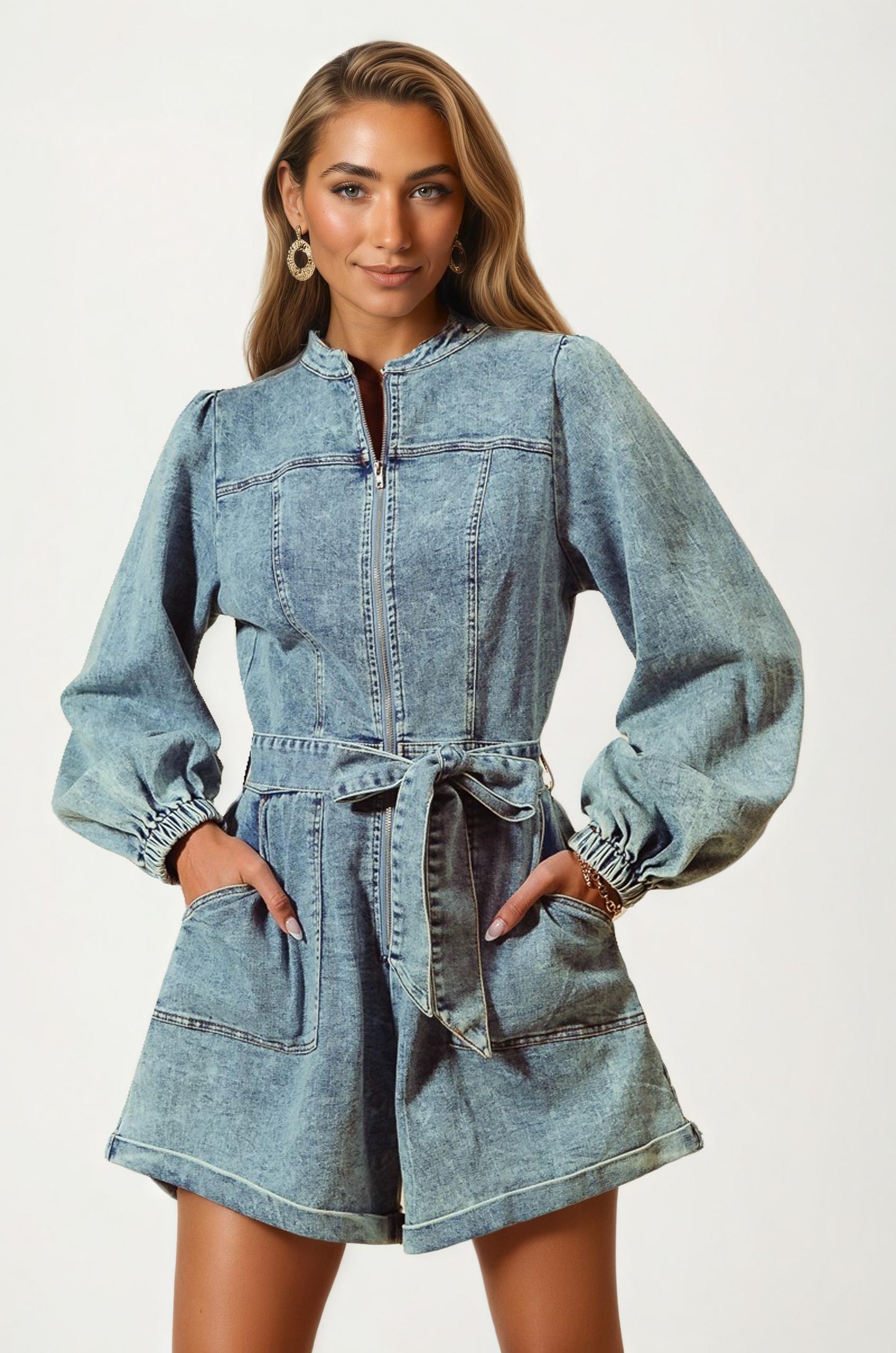 Long Sleeve Belted Denim Romper with Front Zip Closure