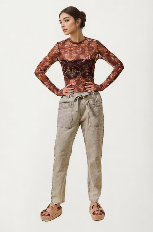 High Rise Drawstring Denim Pants with Oversized Patch Pockets