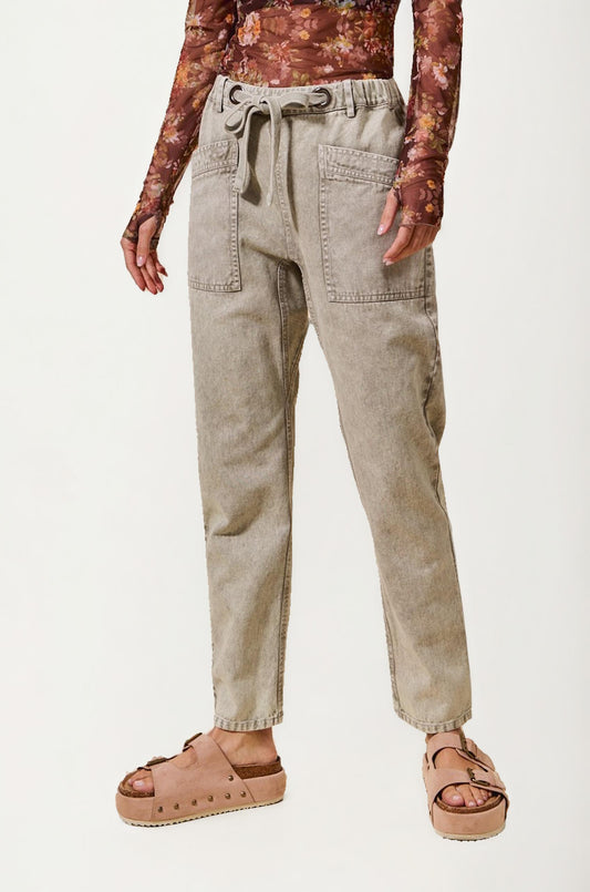 High Rise Drawstring Denim Pants with Oversized Patch Pockets