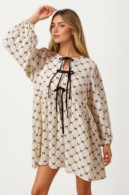 Bow Tie Front Mini Dress With Soft Diamond Pattern