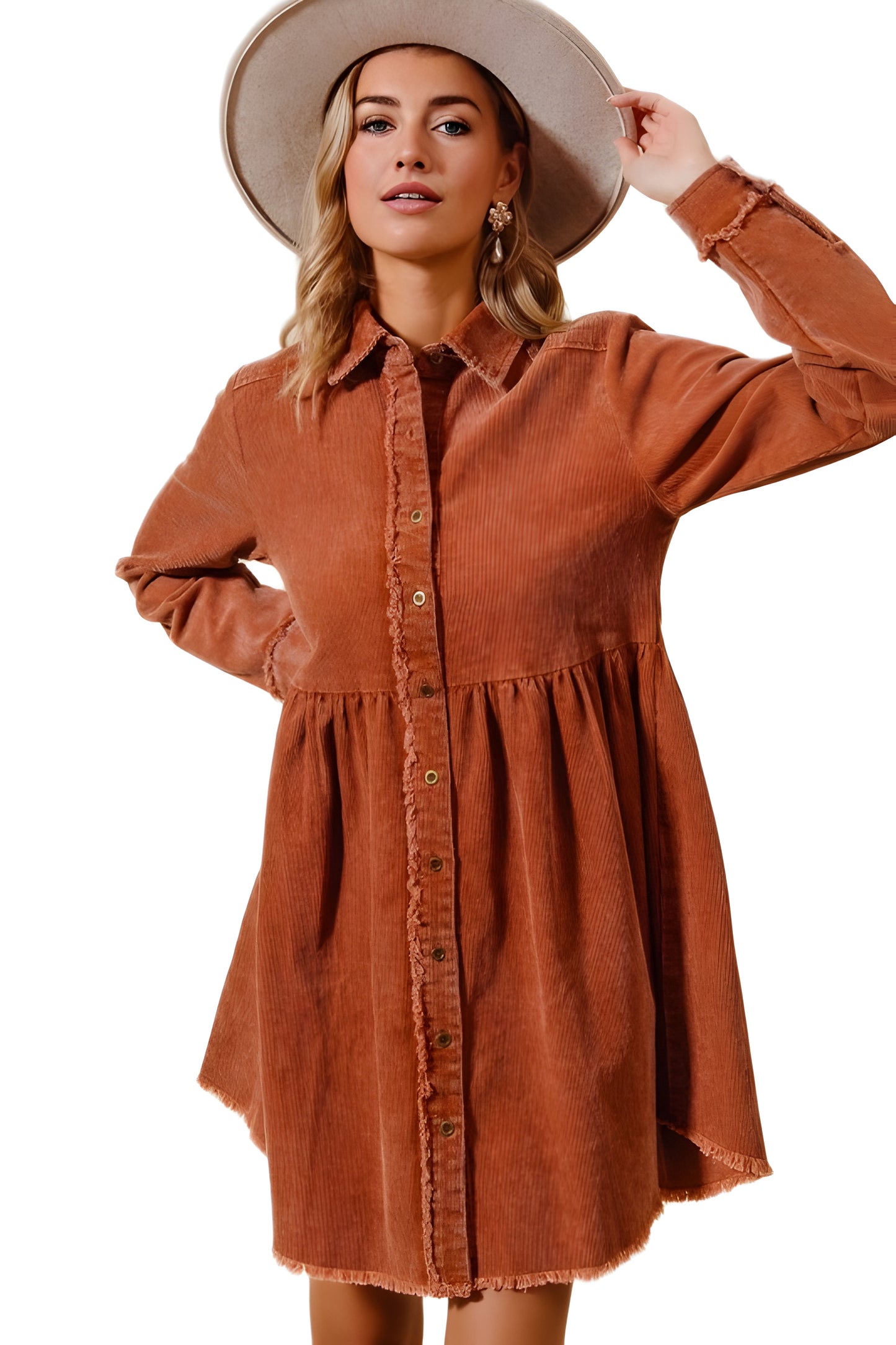 Corduroy Shirt Dress With Frayed Trim And Button Front Detail