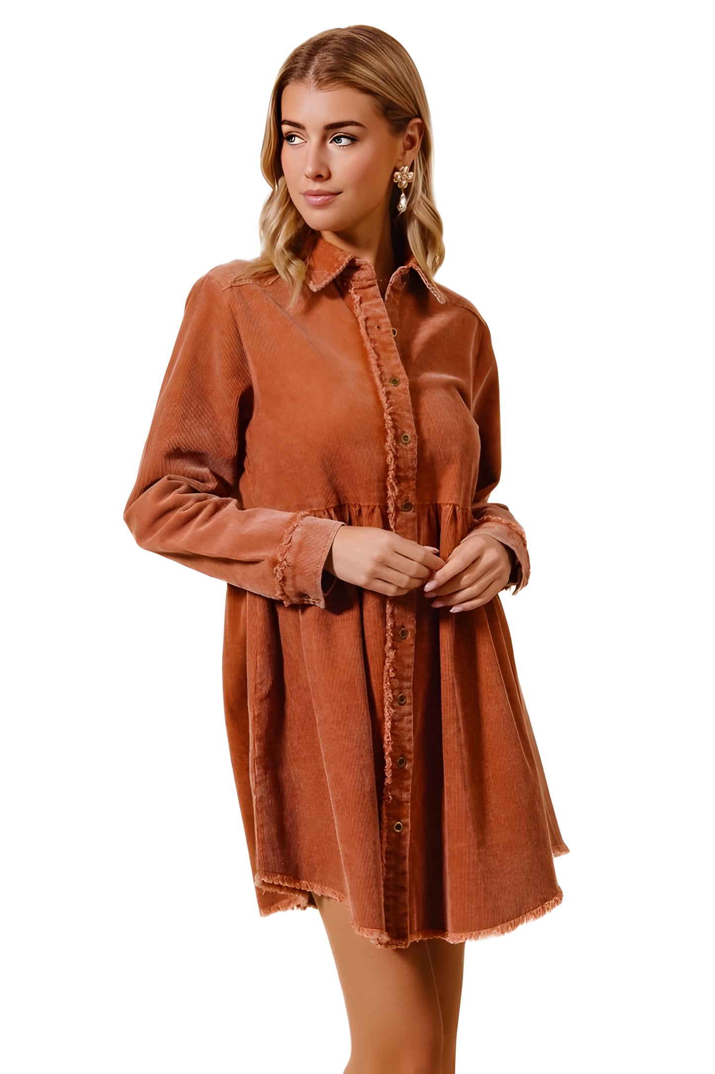 Corduroy Shirt Dress With Frayed Trim And Button Front Detail