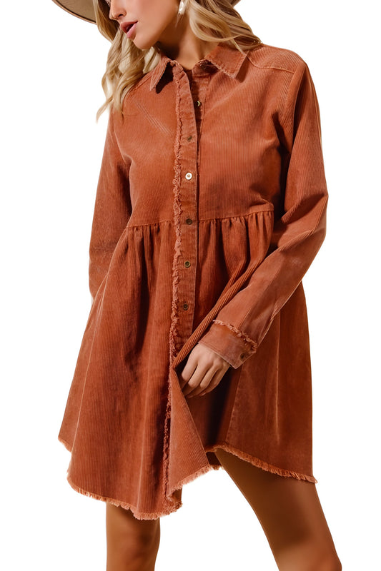 Corduroy Shirt Dress With Frayed Trim And Button Front Detail