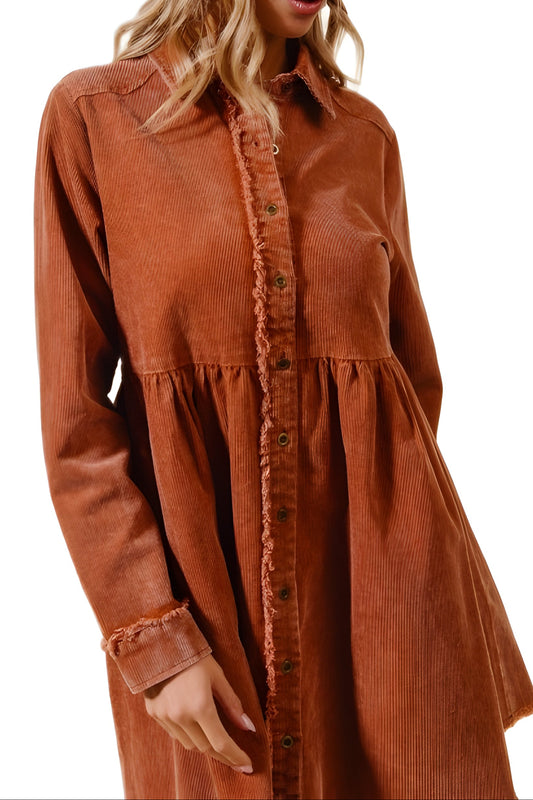 Corduroy Shirt Dress With Frayed Trim And Button Front Detail