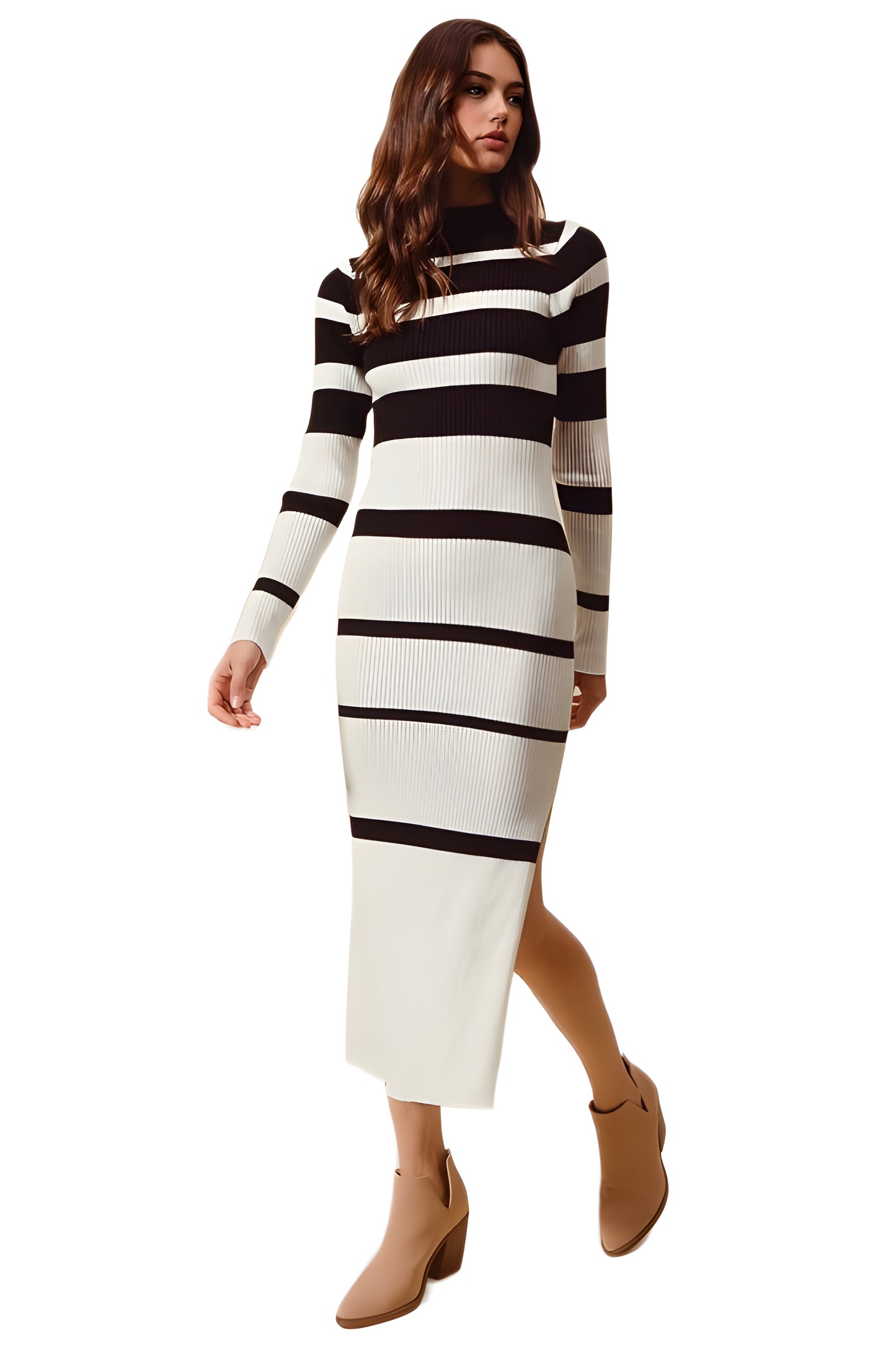 Black And Ivory Striped Long Sleeve Knit Bodycon Dress