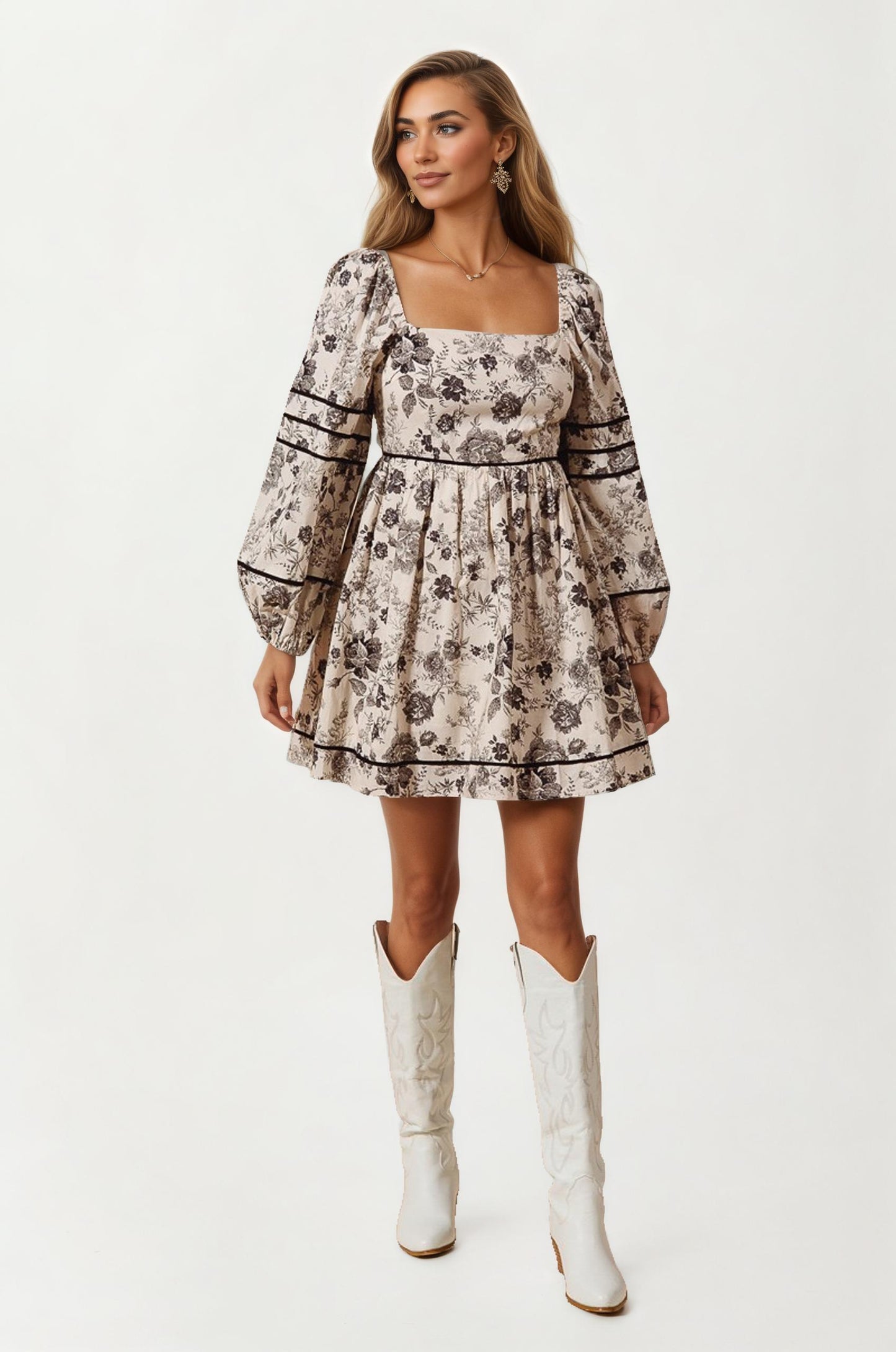 Square Neck Puff Sleeve Mini Dress with Floral Print