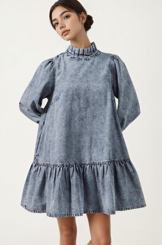 Long Sleeve Ruffle Hem Denim Dress with Pleated Mock Neck