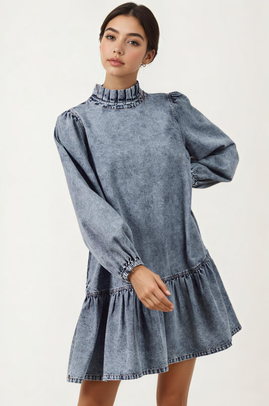 Long Sleeve Ruffle Hem Denim Dress with Pleated Mock Neck