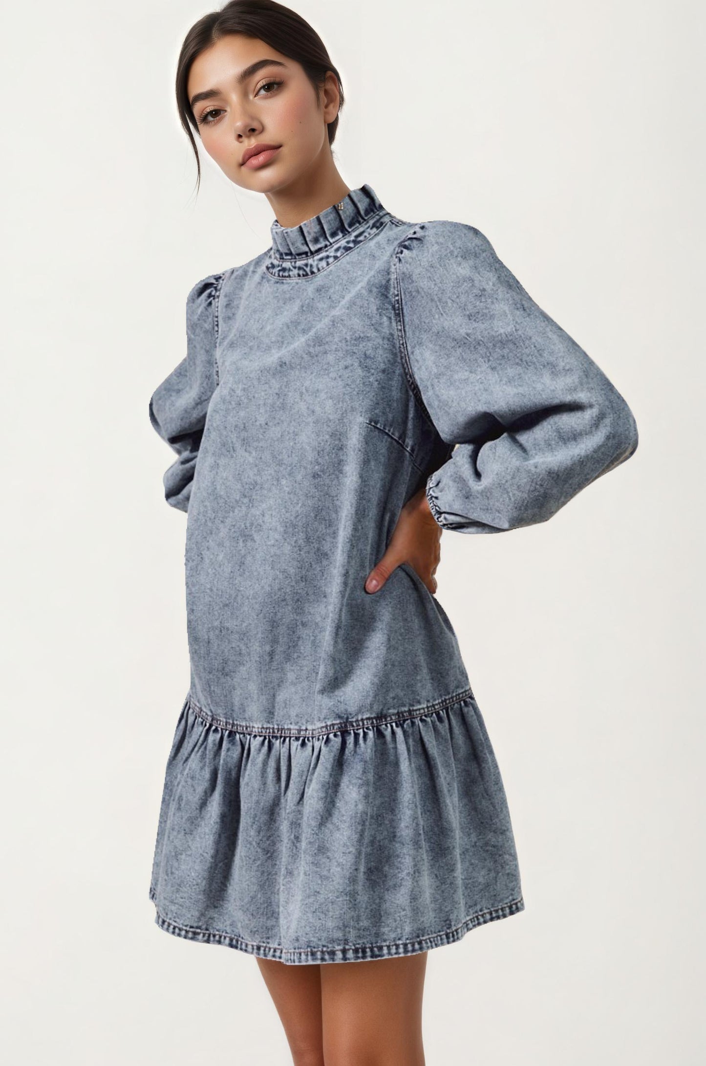 Long Sleeve Ruffle Hem Denim Dress with Pleated Mock Neck