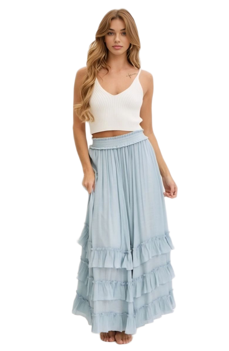 Tiered Ruffle Maxi Skirt in Soft Blue with Smocked Waist