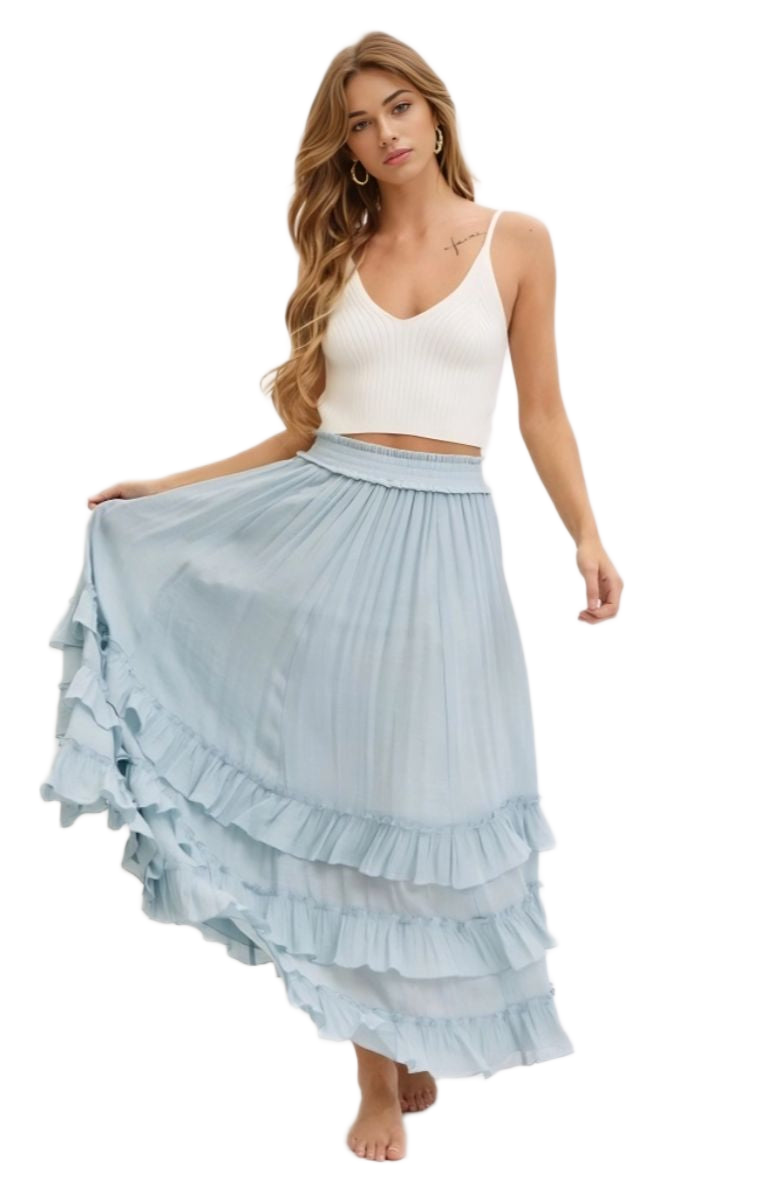 Tiered Ruffle Maxi Skirt in Soft Blue with Smocked Waist
