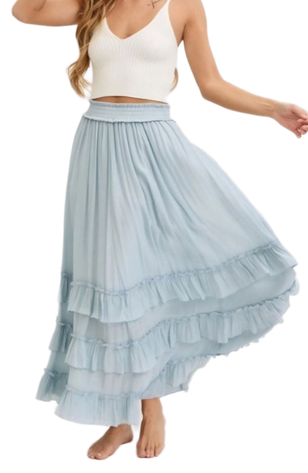 Tiered Ruffle Maxi Skirt in Soft Blue with Smocked Waist