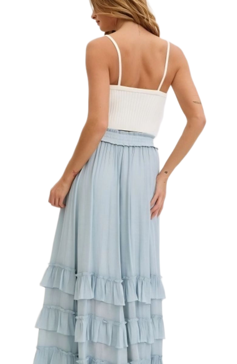Tiered Ruffle Maxi Skirt in Soft Blue with Smocked Waist