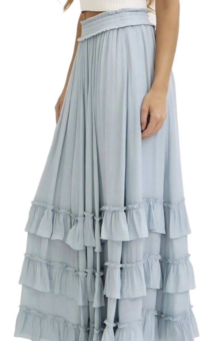 Tiered Ruffle Maxi Skirt in Soft Blue with Smocked Waist