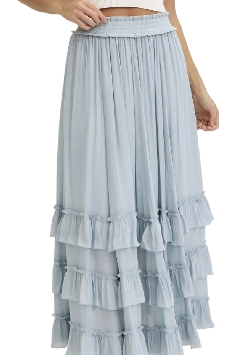 Tiered Ruffle Maxi Skirt in Soft Blue with Smocked Waist