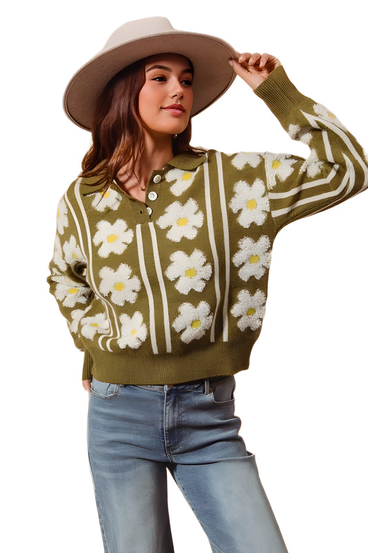 Collared Pullover Sweater With Bold Daisy Pattern
