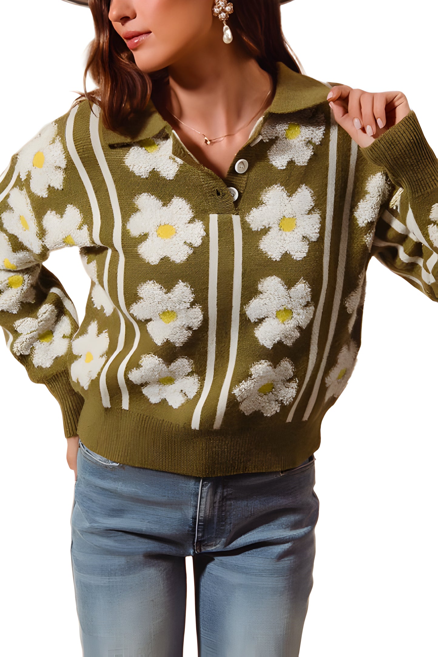 Collared Pullover Sweater With Bold Daisy Pattern