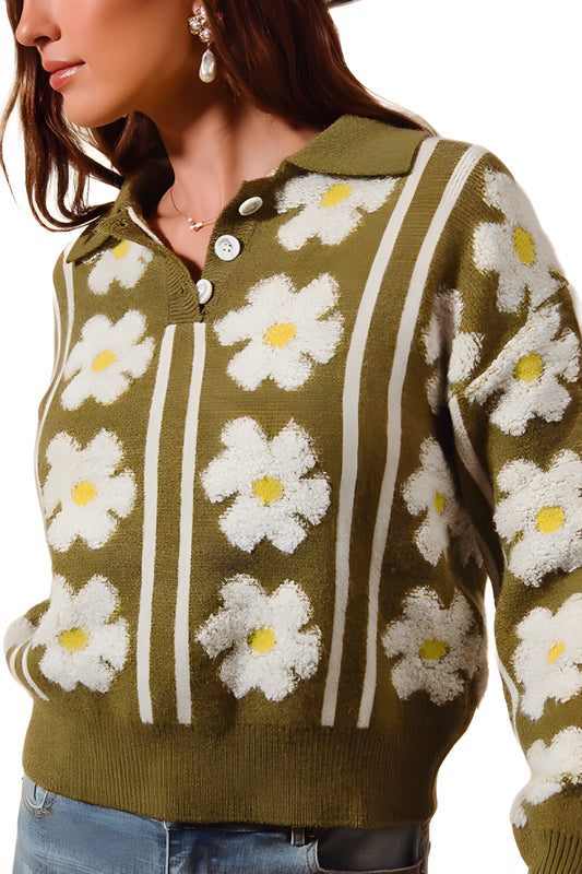 Collared Pullover Sweater With Bold Daisy Pattern