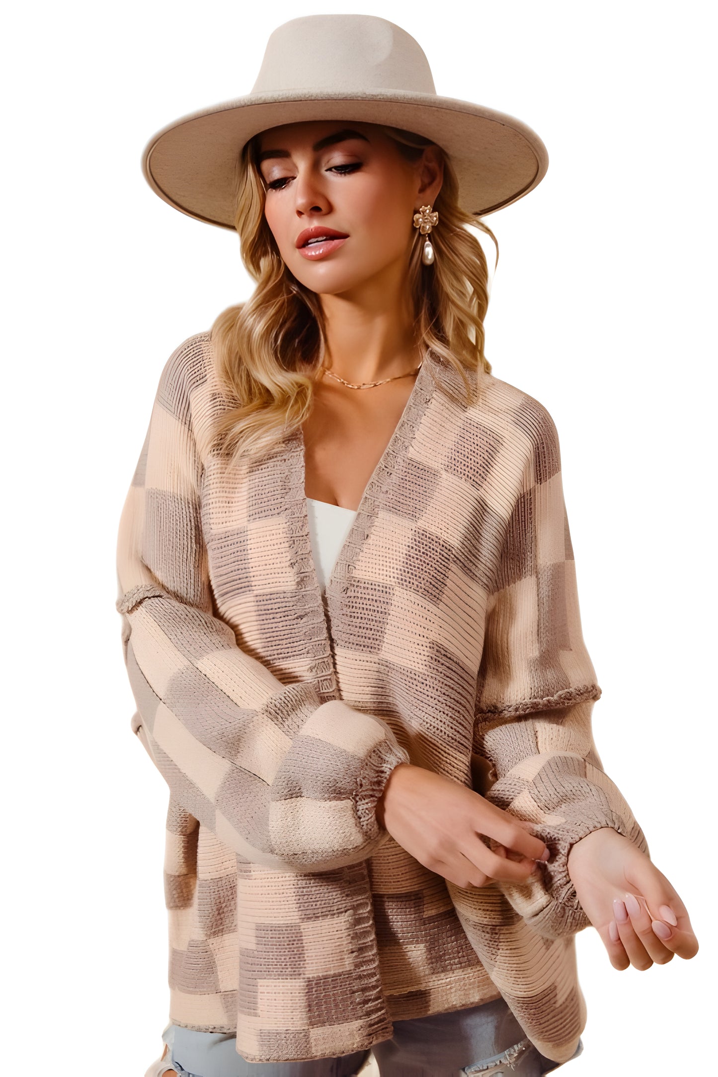 Open Front Cardigan With Neutral Checkerboard Knit