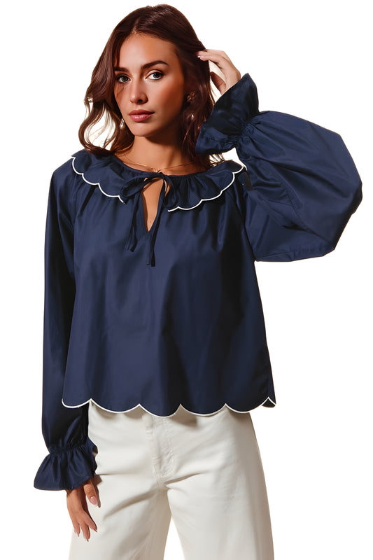 Scallop Trim Blouse With Ruffled Collar And Tie Neck