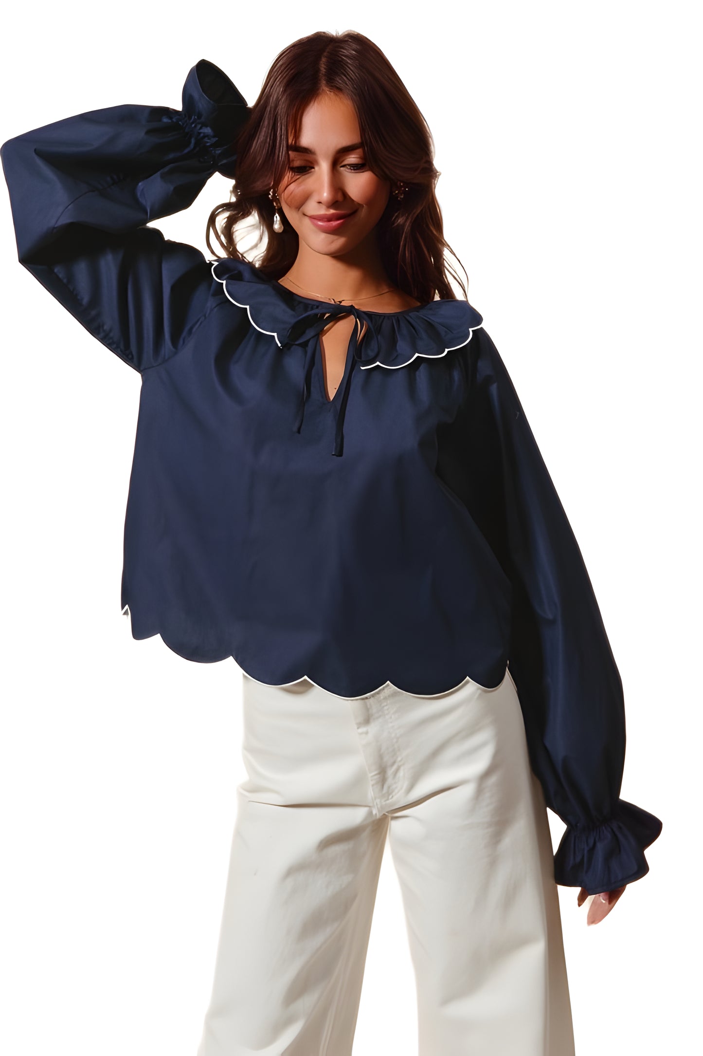 Scallop Trim Blouse With Ruffled Collar And Tie Neck
