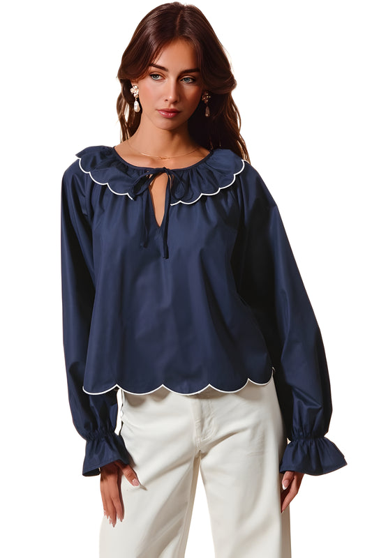 Scallop Trim Blouse With Ruffled Collar And Tie Neck
