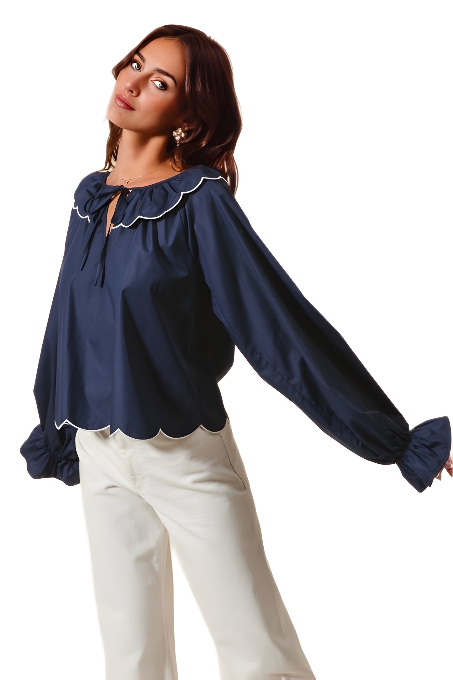 Scallop Trim Blouse With Ruffled Collar And Tie Neck