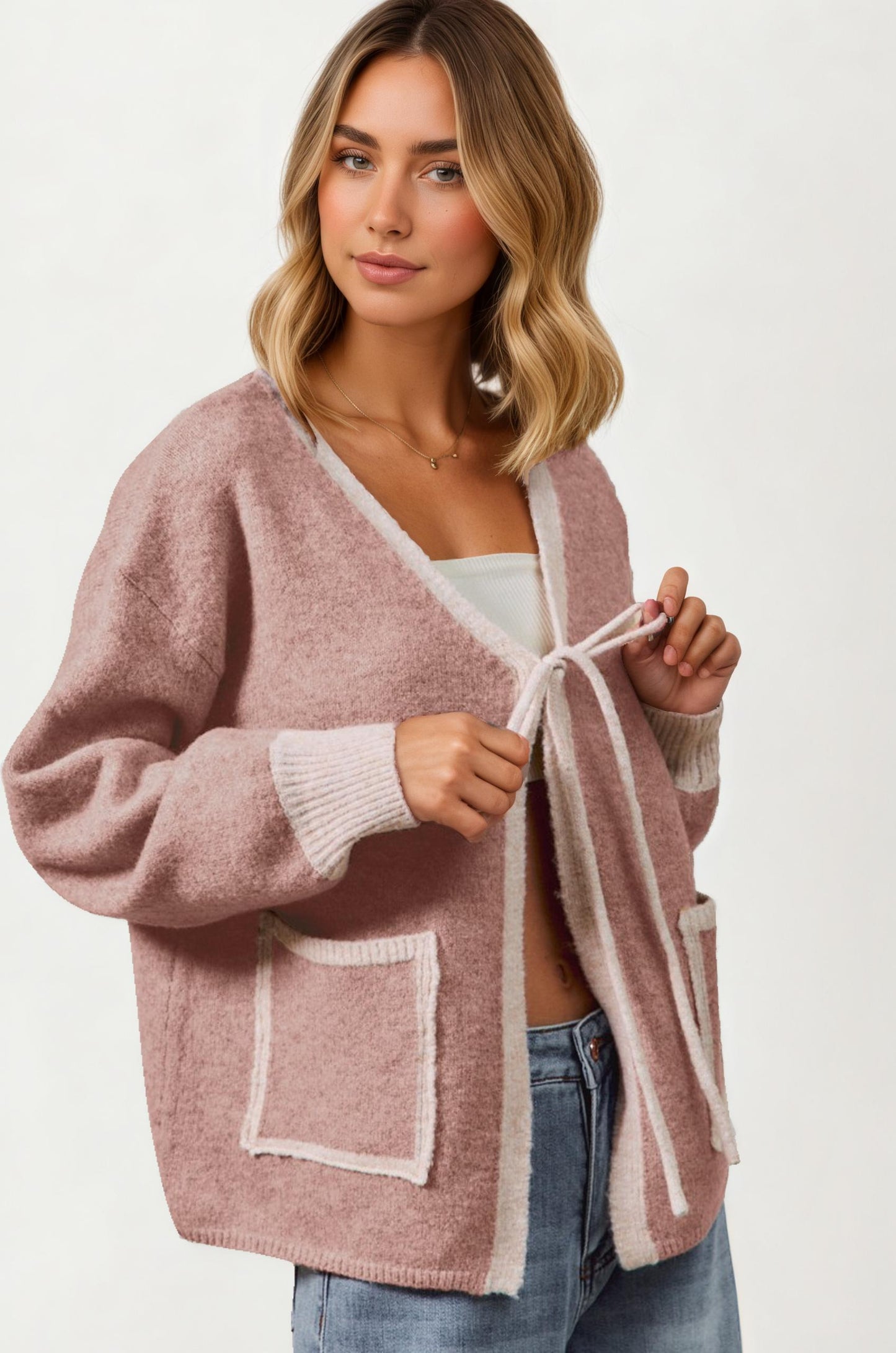 Tie Front Pocket Cardigan with Relaxed Open Front