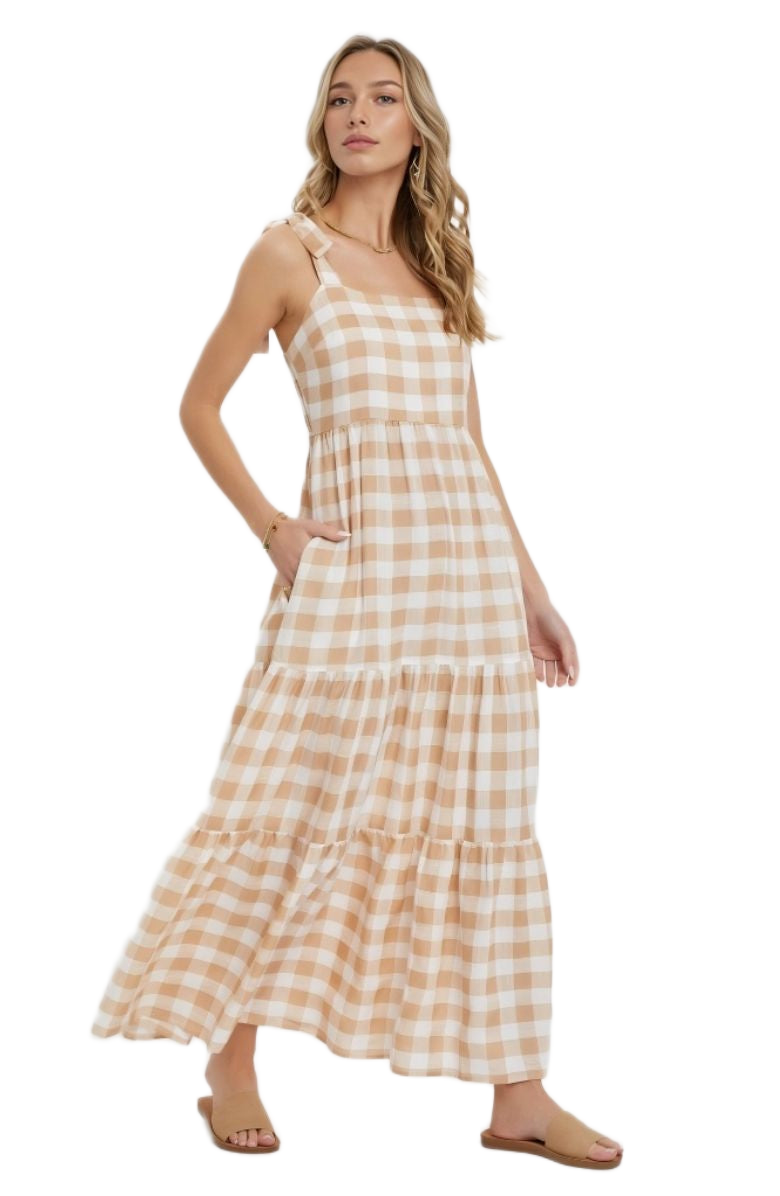 Gingham Tiered Maxi Dress with Tie Straps in Beige and White